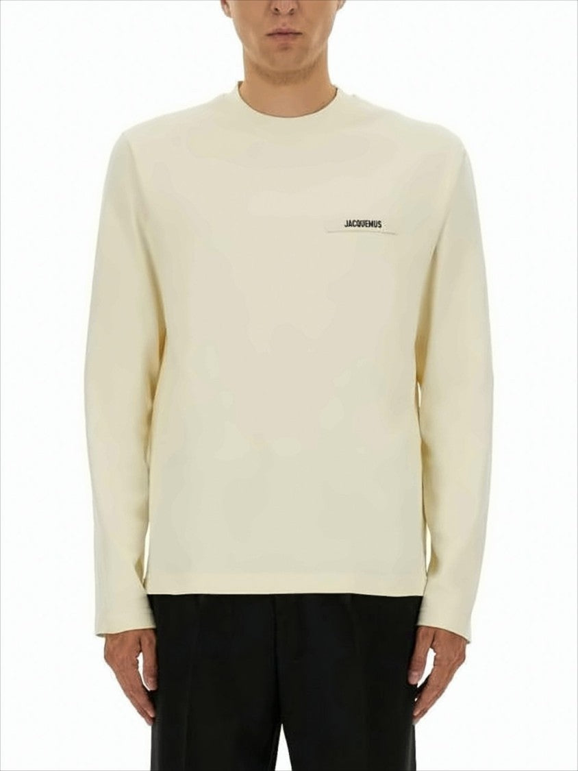 Long-Sleeve Off-White Cotton T-Shirt with Subtle Logo Patch