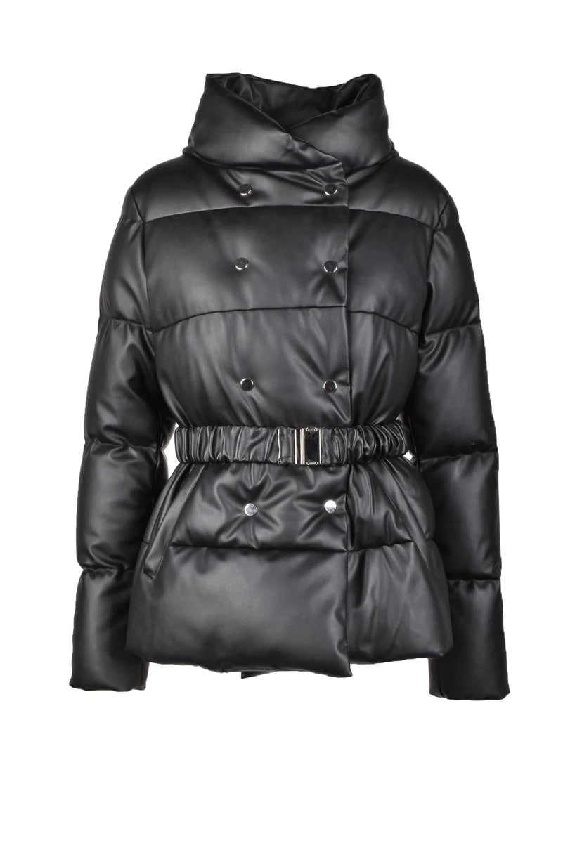 Black Faux Leather Down Jacket