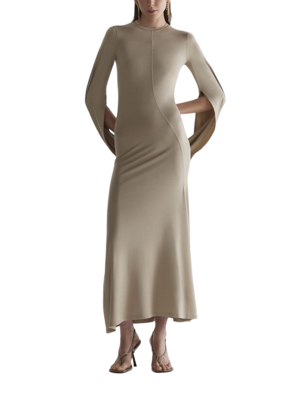 Midi Dress with Flowing Cape Sleeves