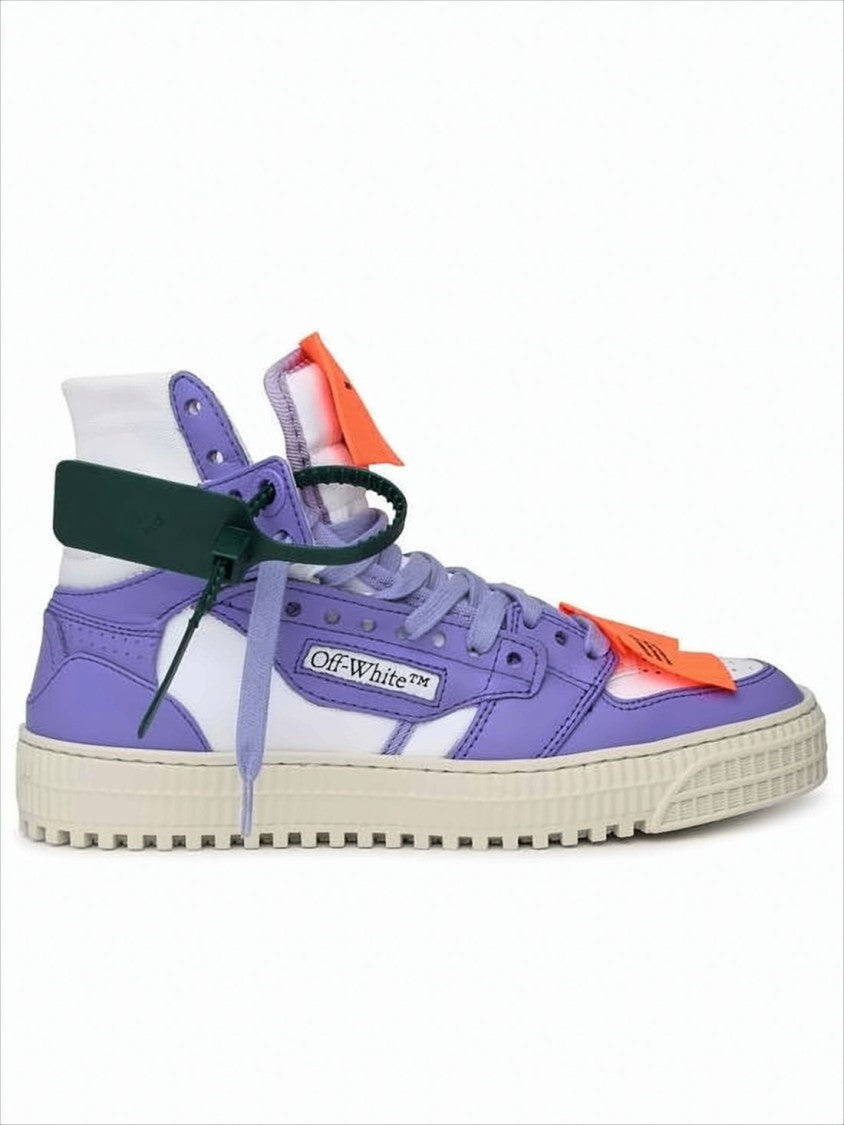 High-Top Off-White Sneakers with Bold Motifs and Unique Accents