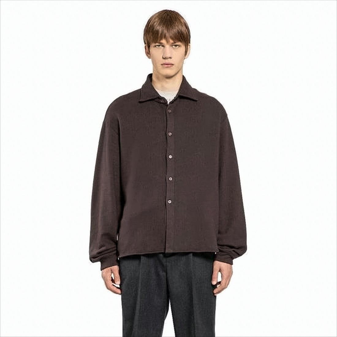 Relaxed Fit Brown Long-Sleeve Shirt with Gathered Cuffs