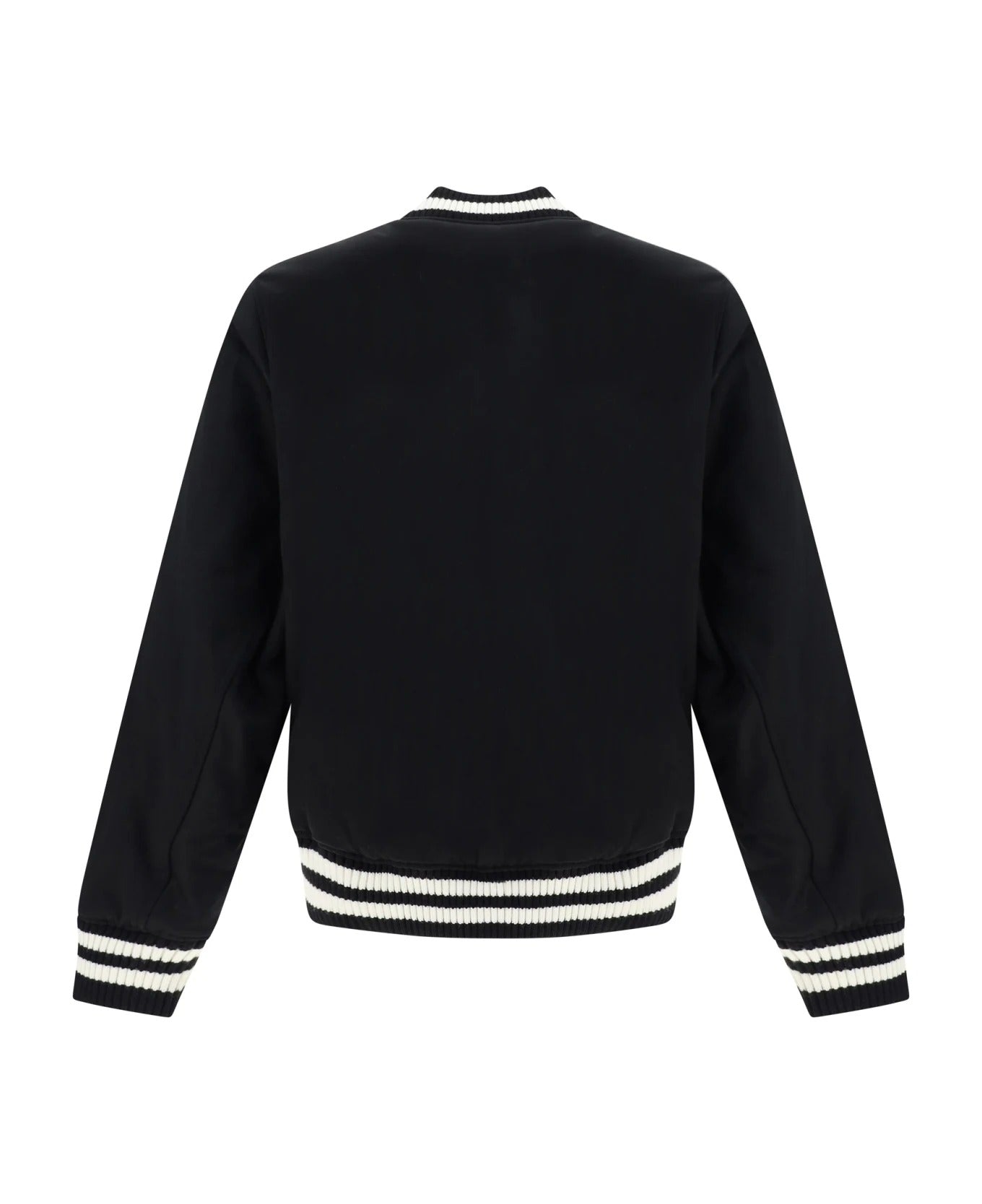 Black Bomber Jacket With Silver Snap Buttons And Emblem