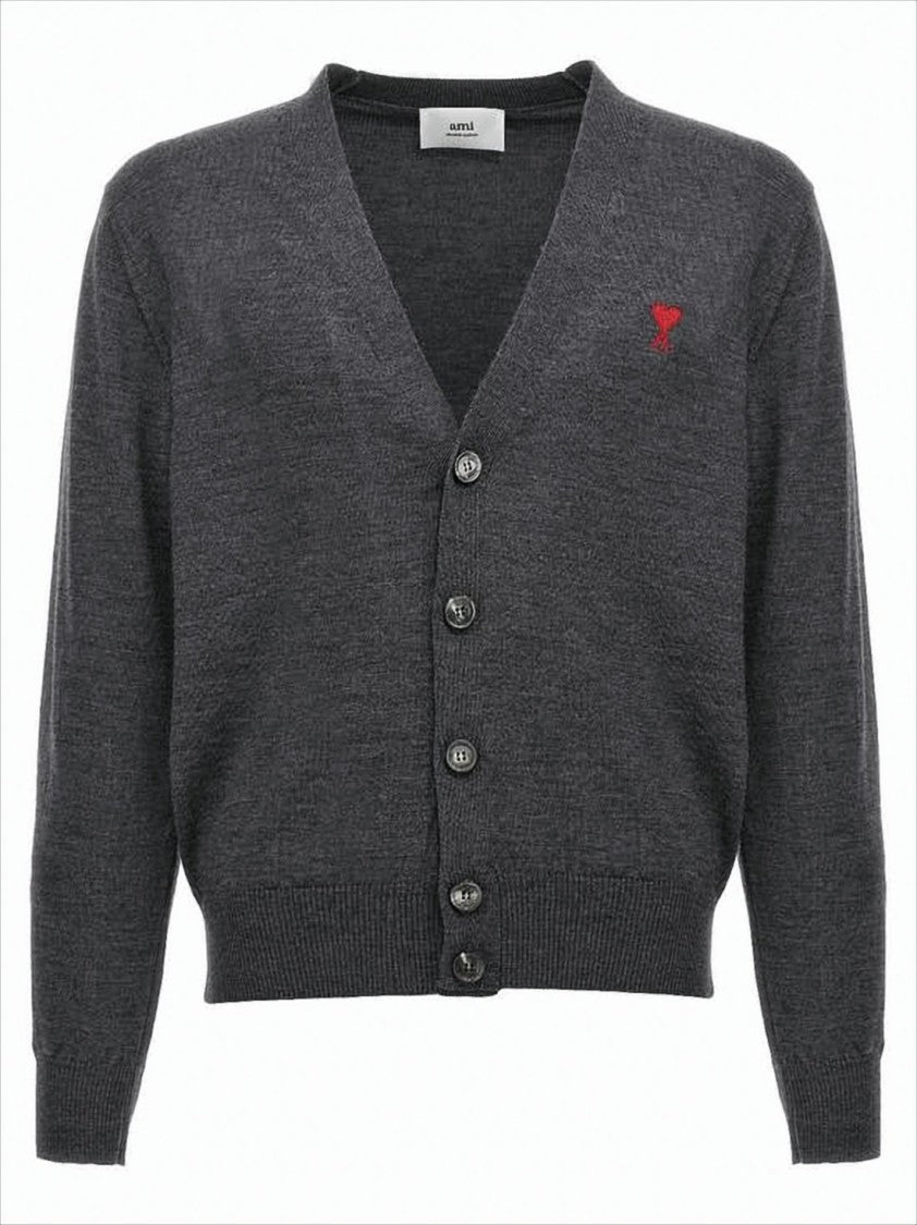 V-Neck Grey Wool Cardigan With Button-Down Front