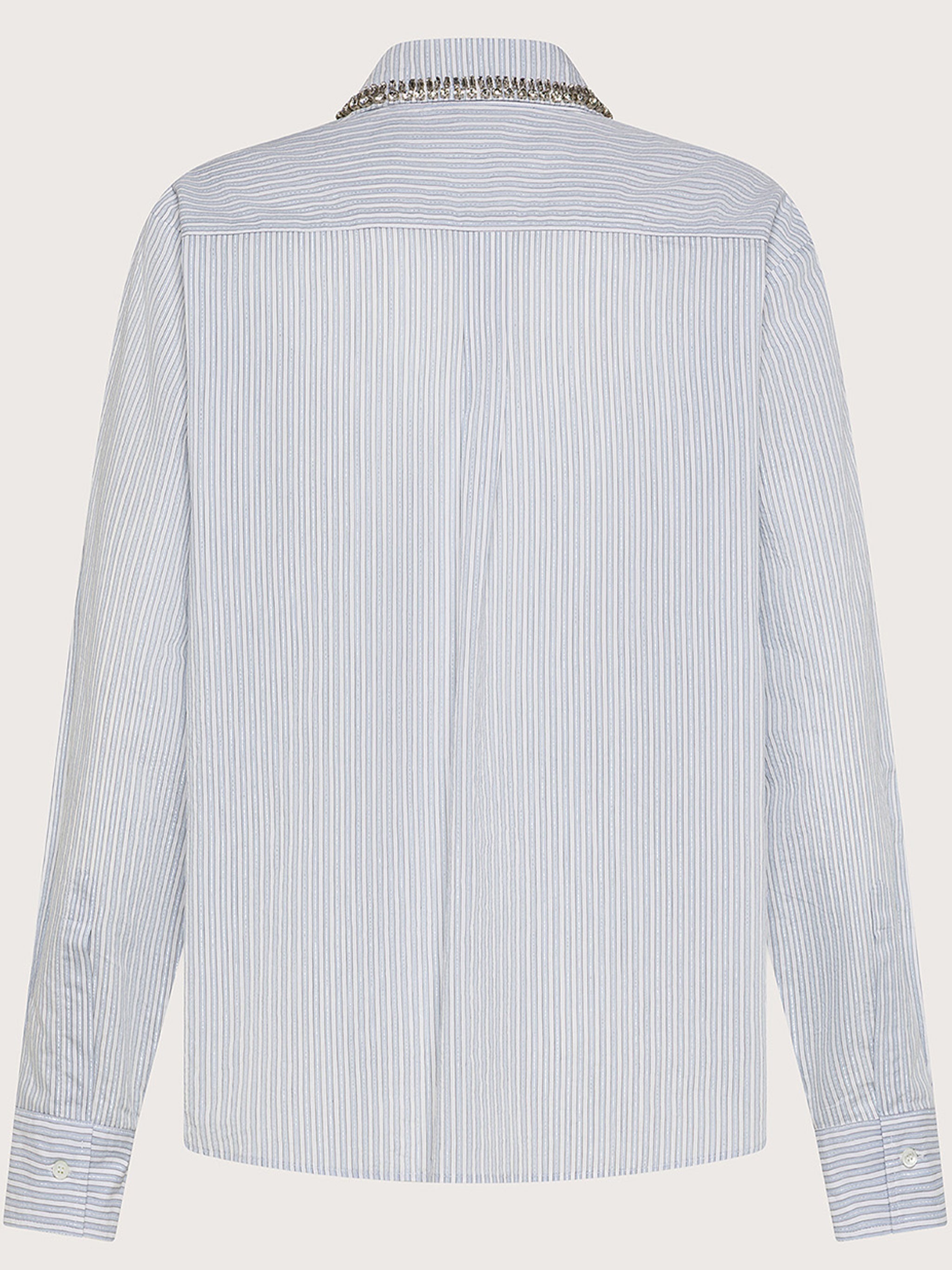 White Pinstripe Embellished Collar Shirt