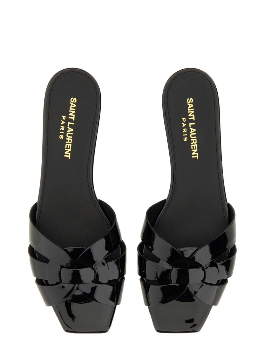 Black Glossy Calfskin Flat Tribute Sandals