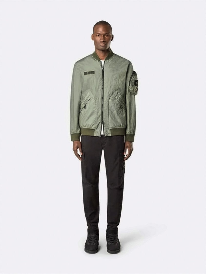 Lightweight Crinkled Texture Bomber Jacket with Flap Pockets