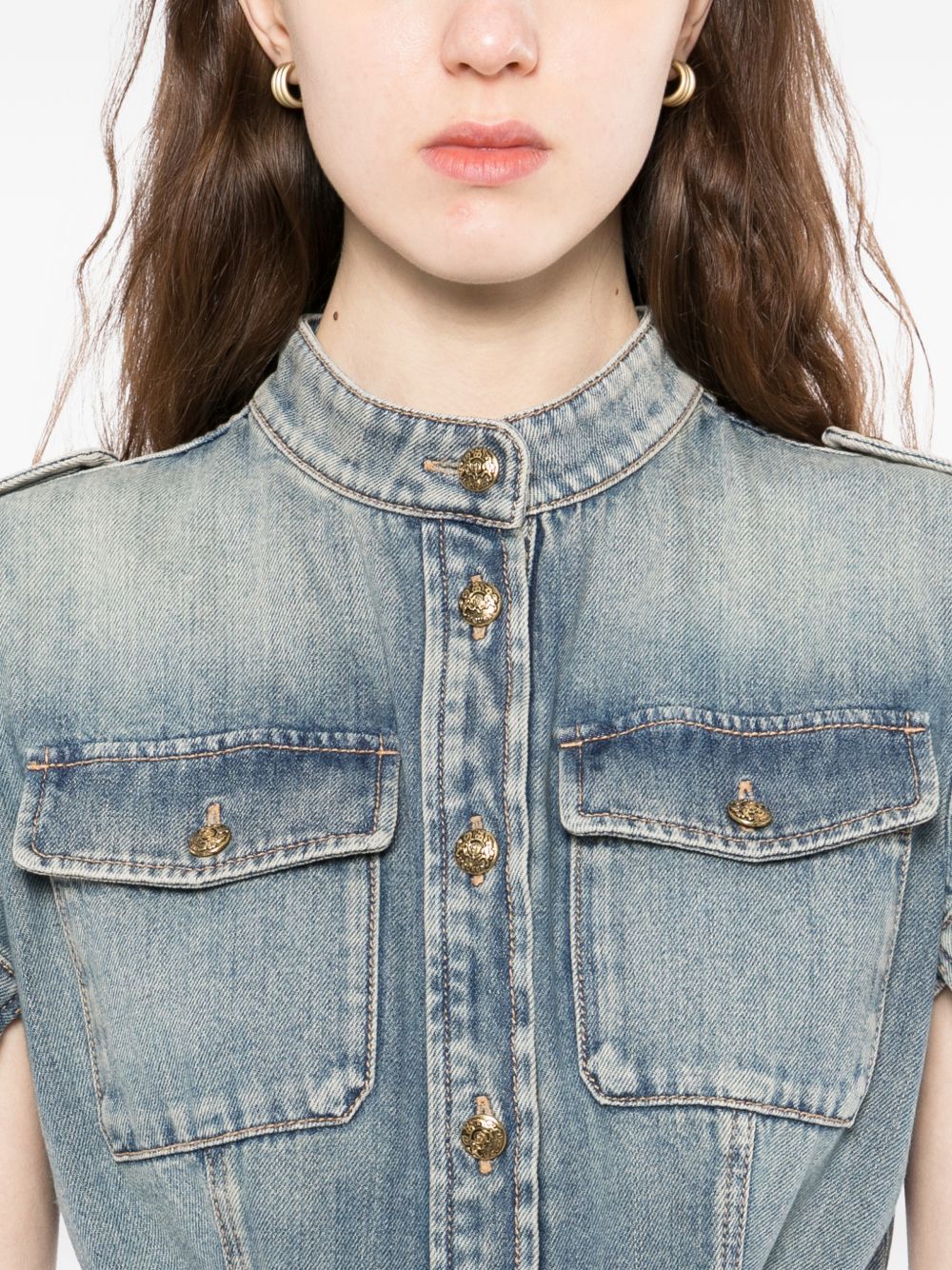 Faded Denim Mini Dress with Gold-tone Accents