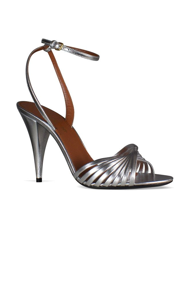 Silver Metallic Leather Sandals With Overlapping Straps