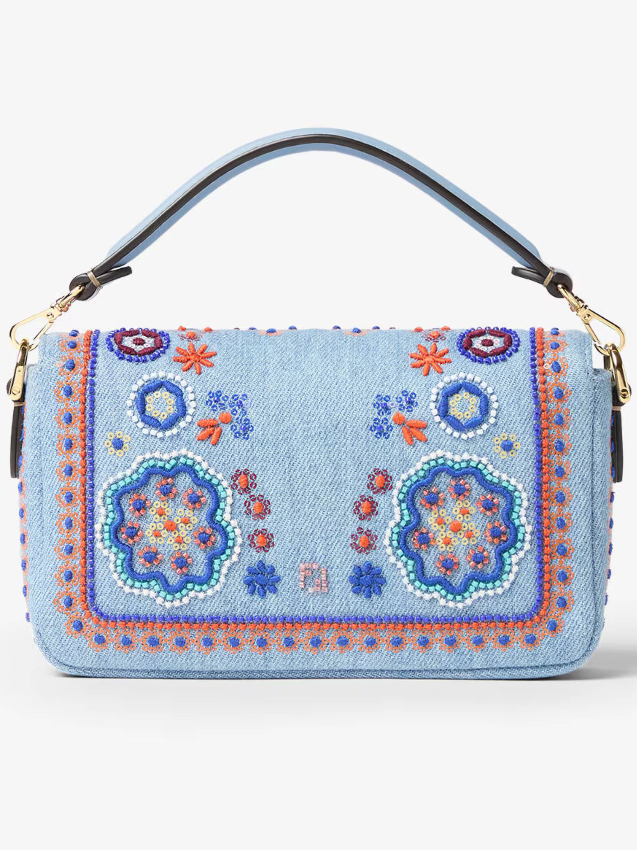 Rectangular Denim Mini Baguette with Floral Embroidery and Gold-tone Clasp