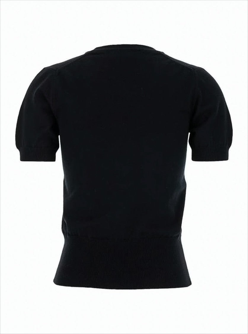 Fitted Short Puff Sleeve Sweater with Embroidered Emblem