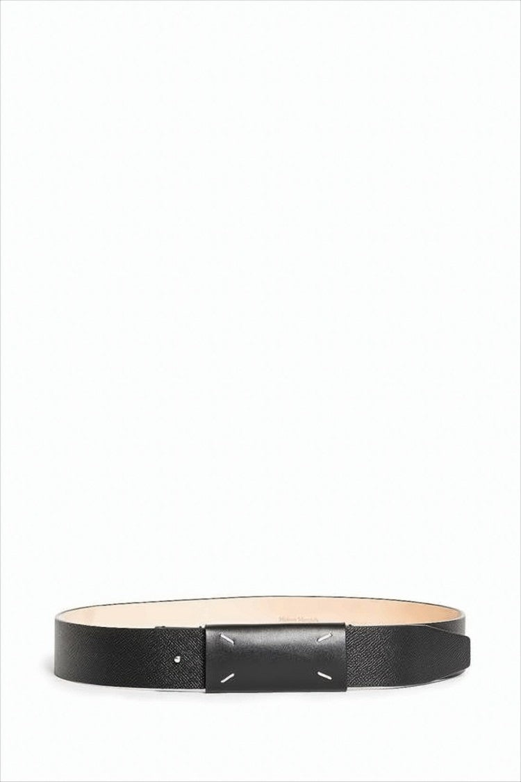 Rectangular Buckle Leather Belt With Textured Finish