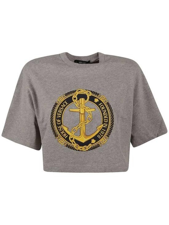 Cropped Grey T-Shirt with Central Anchor Emblem in Gold and Black