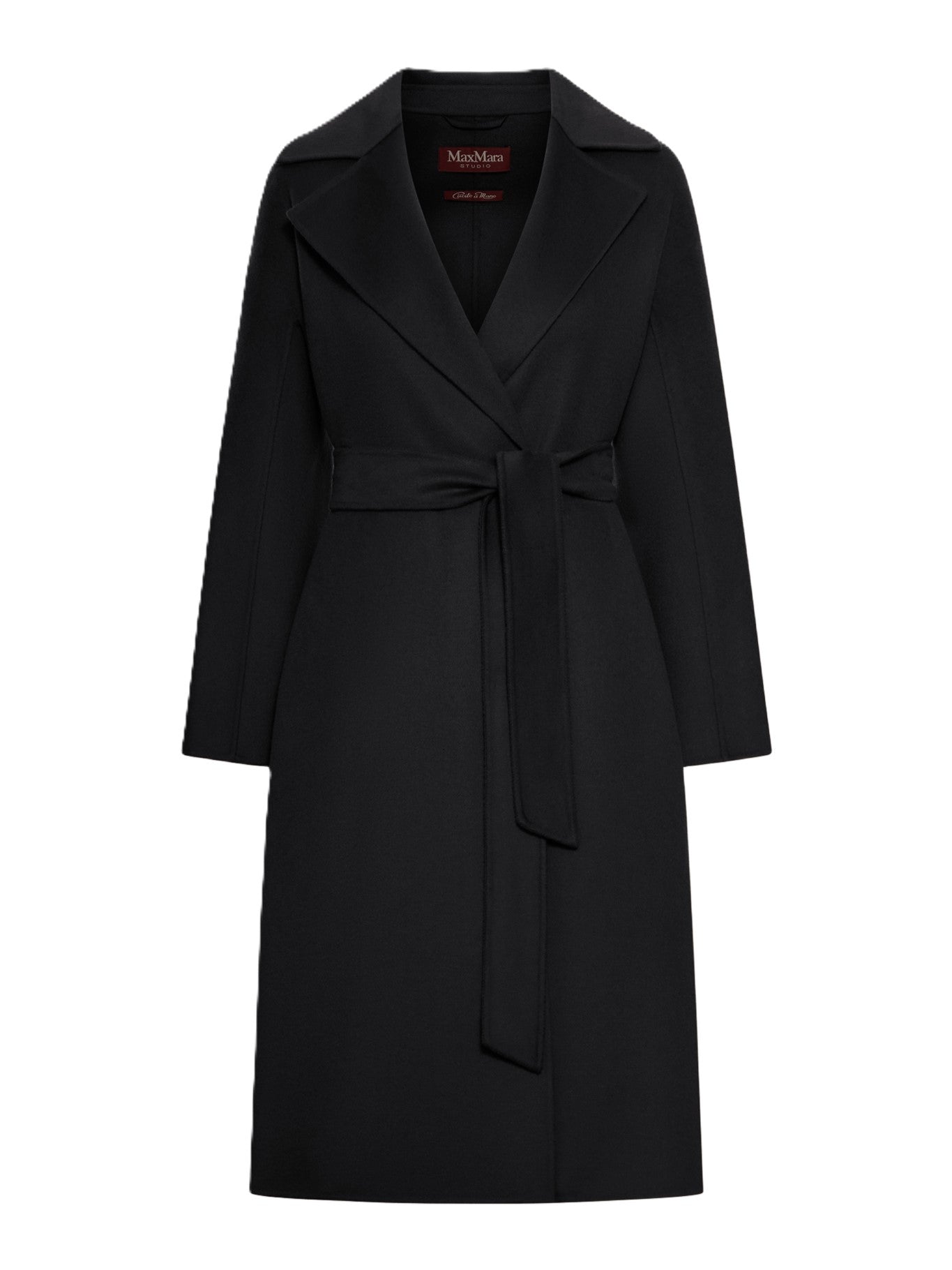Knee-Length Black Coat with Wrap Design