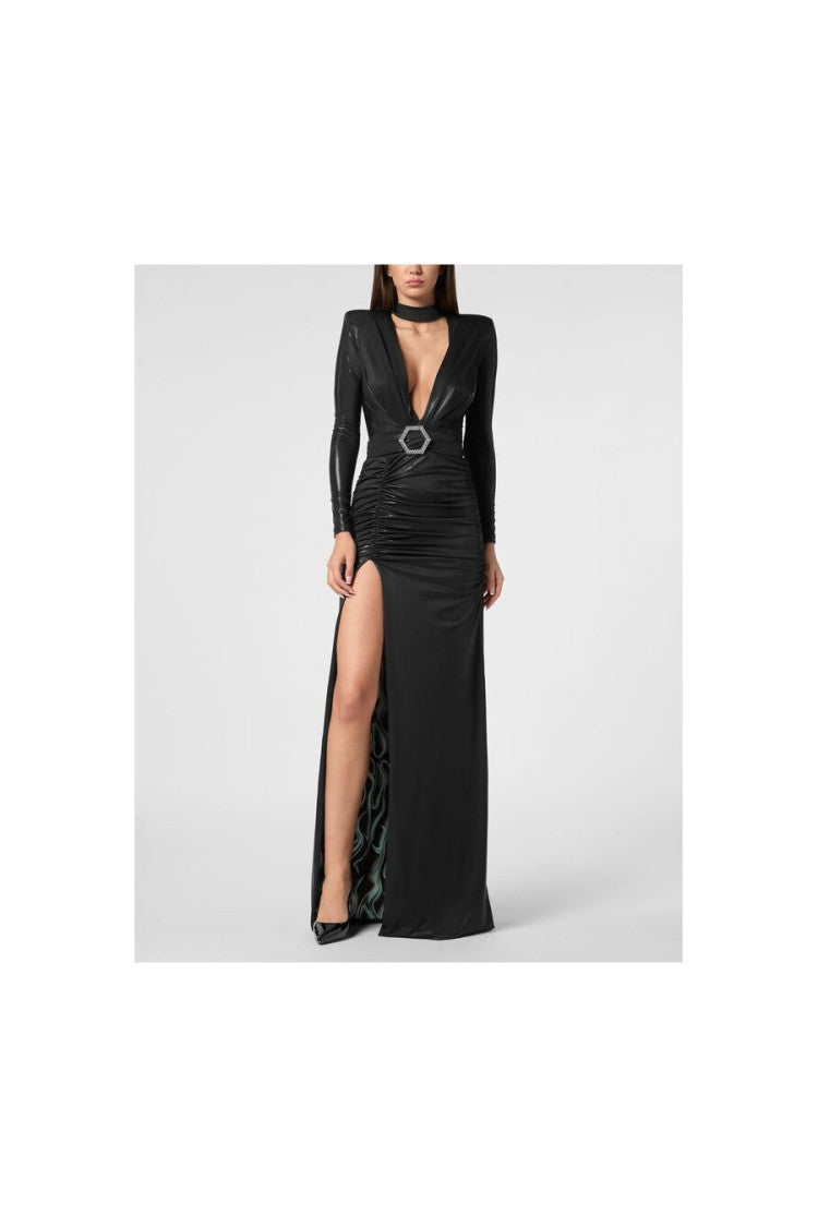 Deep V-Neck Dress With Ruched Waist