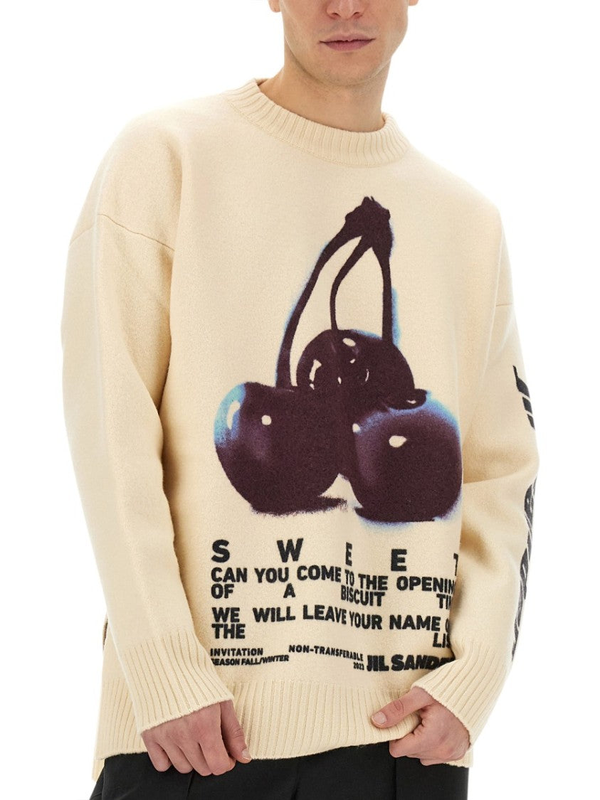 Playful Wool Knit Sweater With Cherry Embroidery