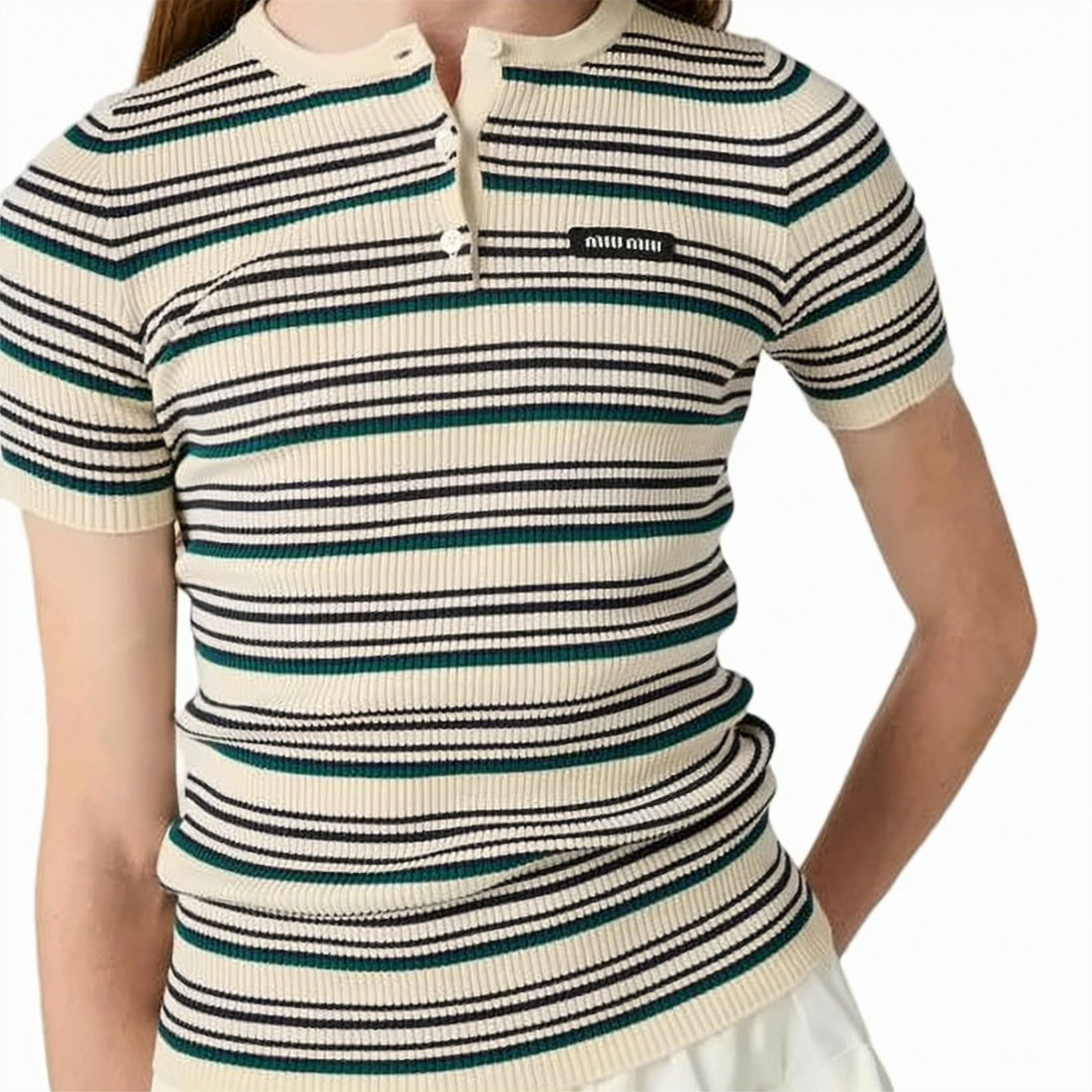 Ribbed Knit Sweater With Horizontal Stripes And Button Placket