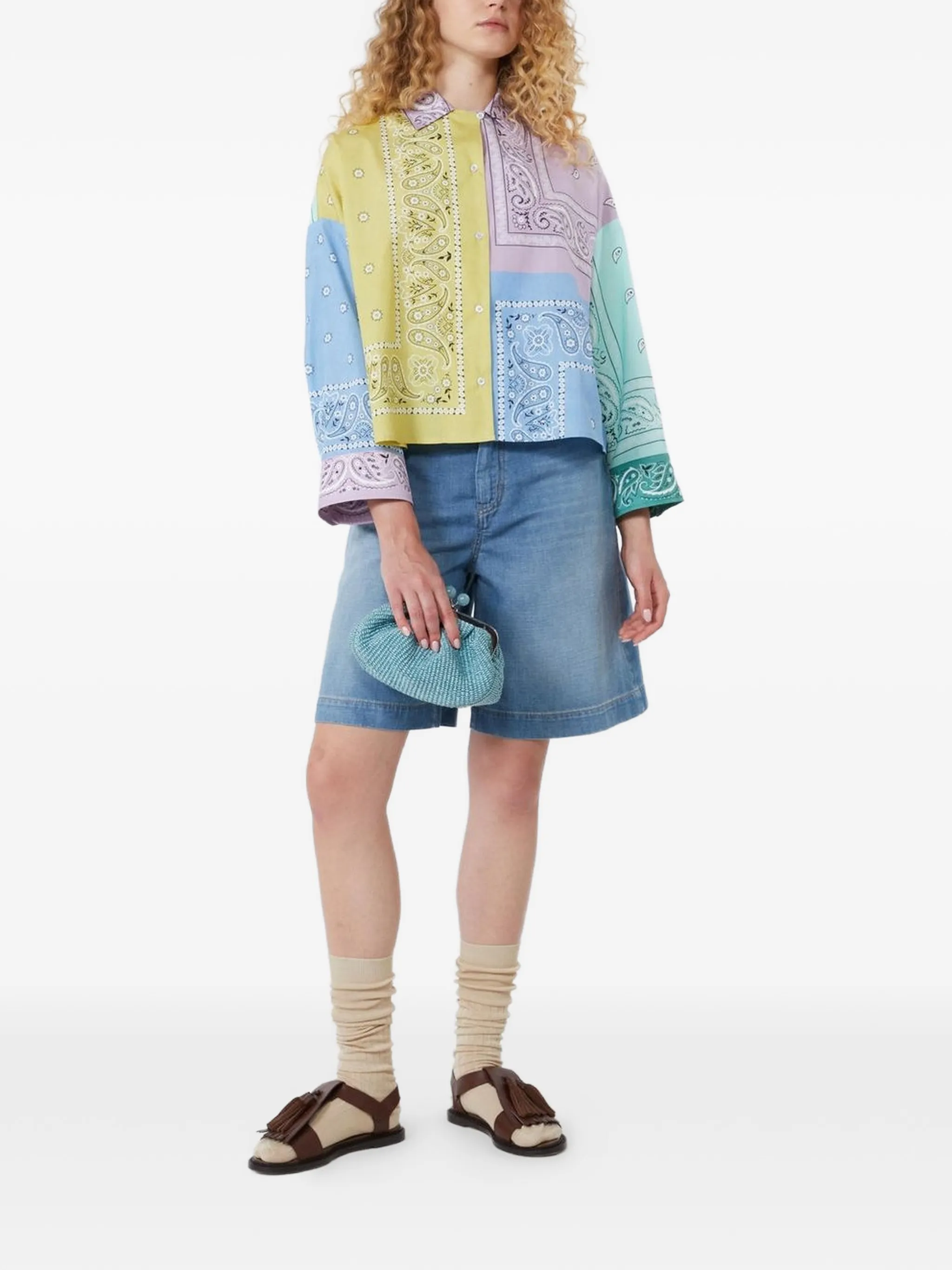 Patchwork Cropped Jacket with Classic Collar