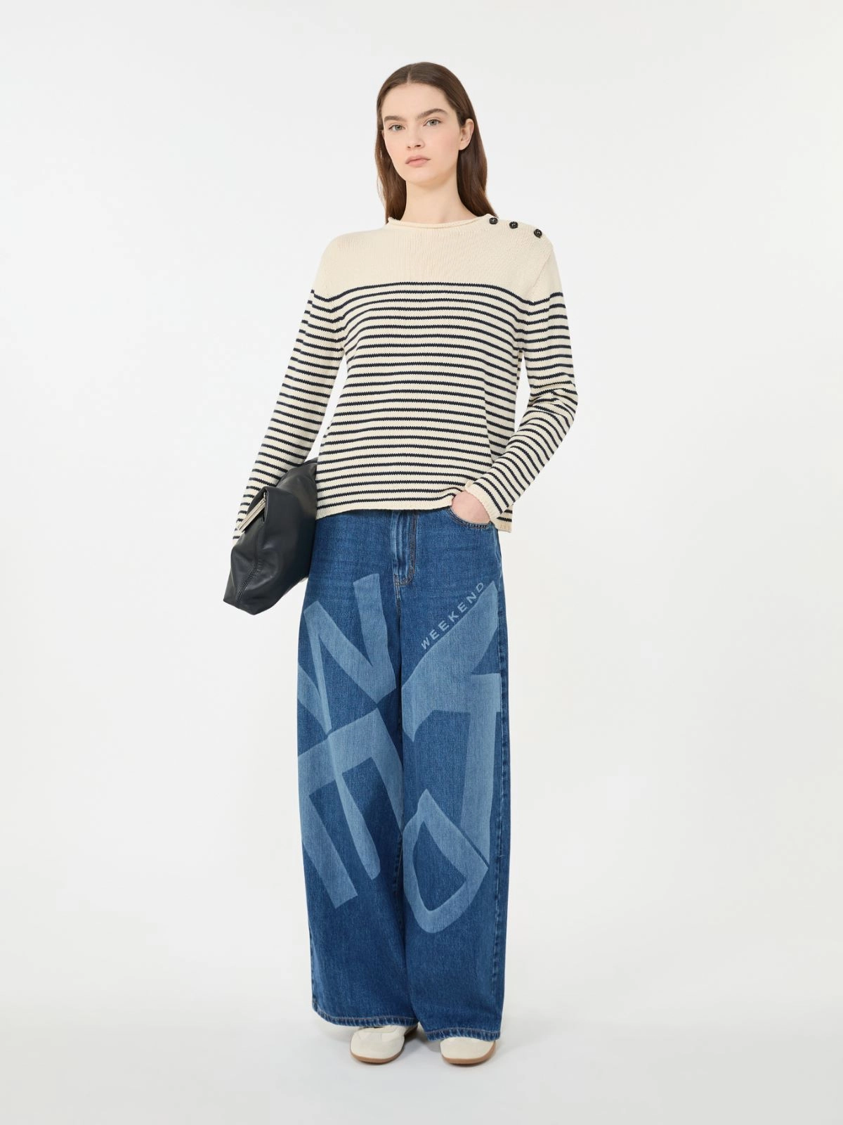 Knitted Long-Sleeve Top with Horizontal Navy Stripes