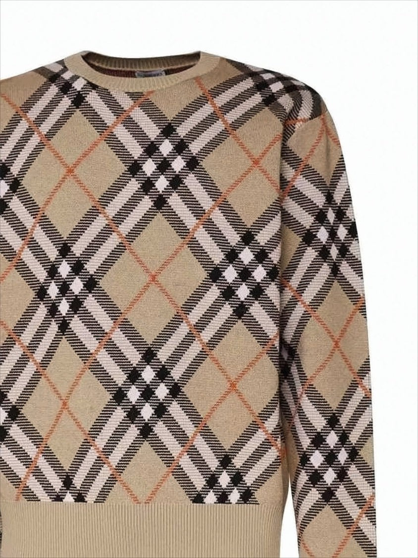 Beige Checkered Knit Sweater with Crew Neckline