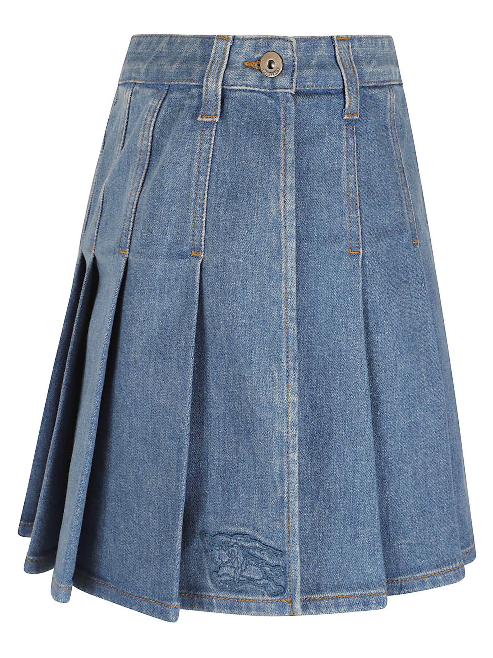 Pleated Denim Skirt with Structured Waistband
