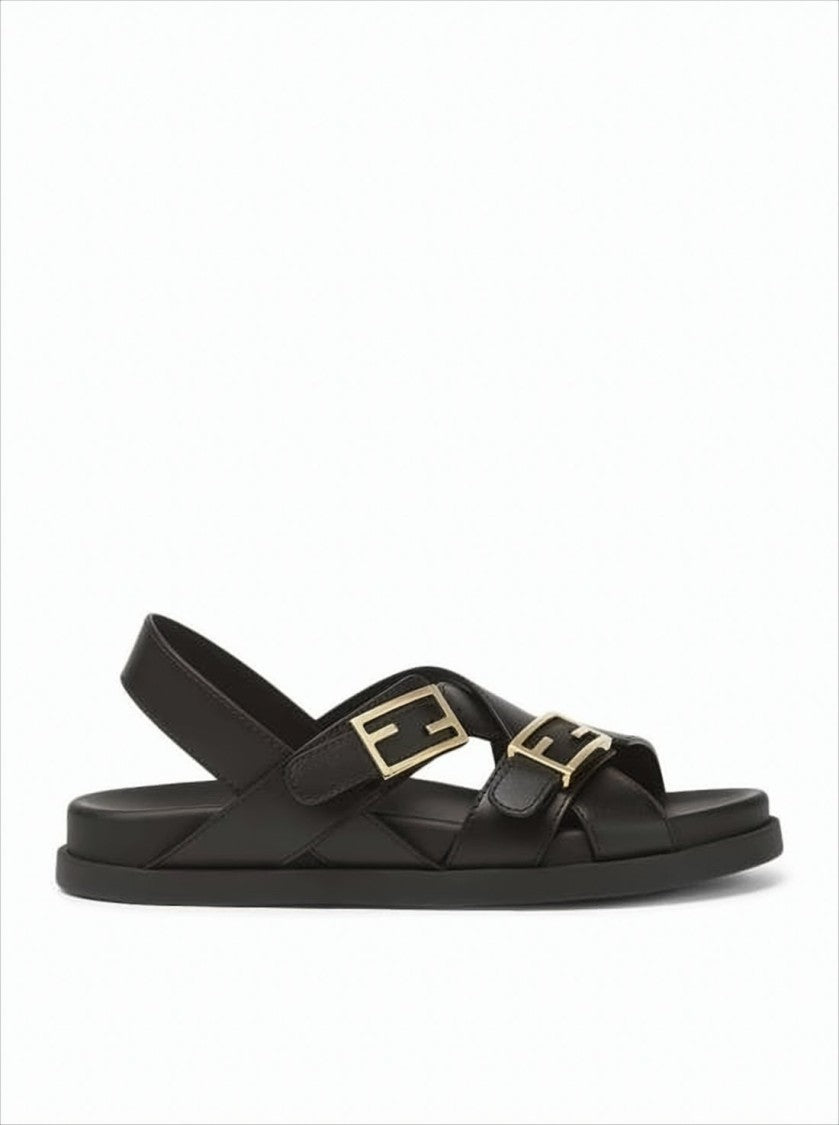 Black Leather Sandals With Gold-Tone Buckle Details