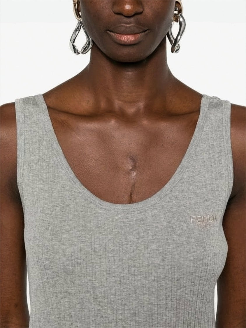 Ribbed Knit Sleeveless Top With Subtle Embroidery
