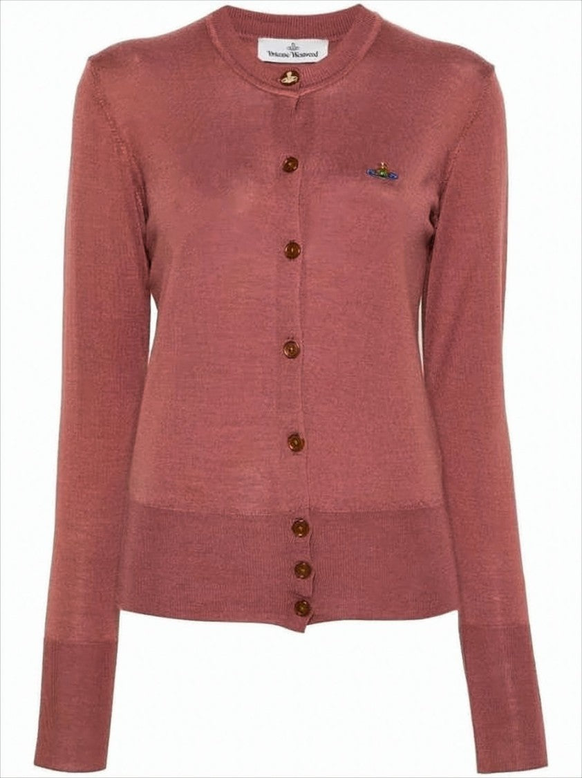 Tailored Red Wool-Silk Blend Cardigan with Embroidered Emblem