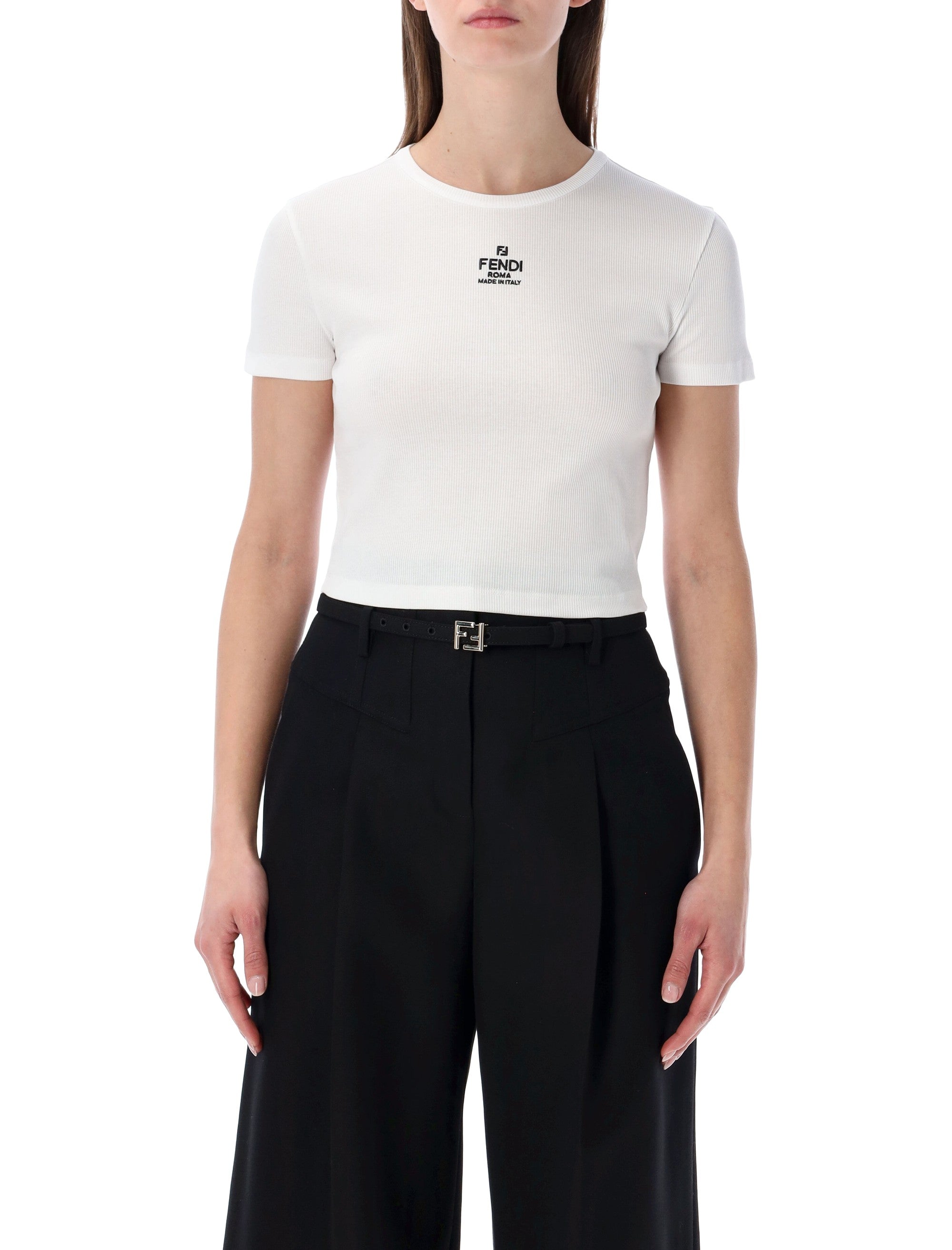 Cropped Slim Fit Ribbed Cotton T-Shirt with Embroidered Logo