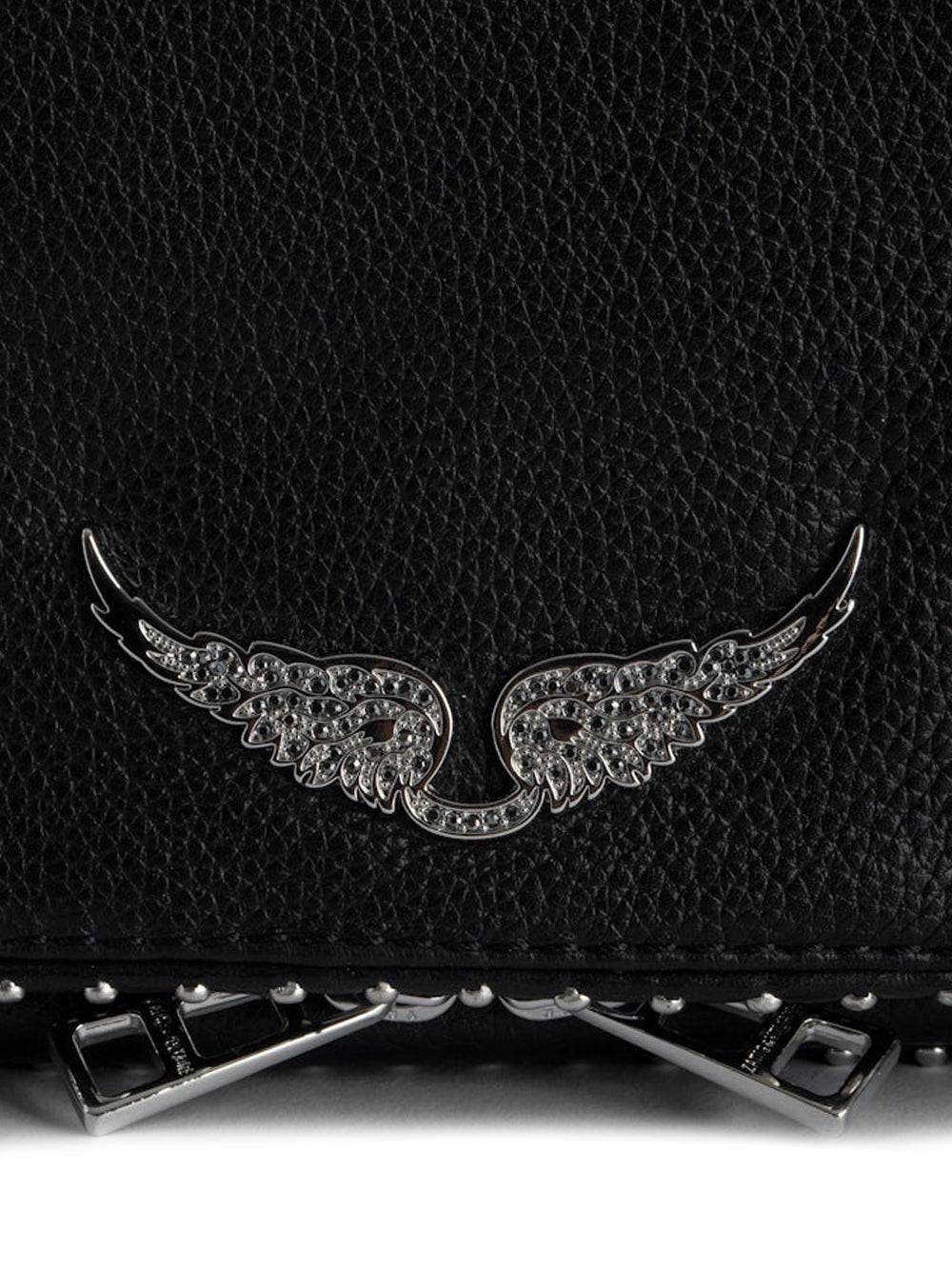 Textured Black Clutch Bag with Silver Wing Emblem