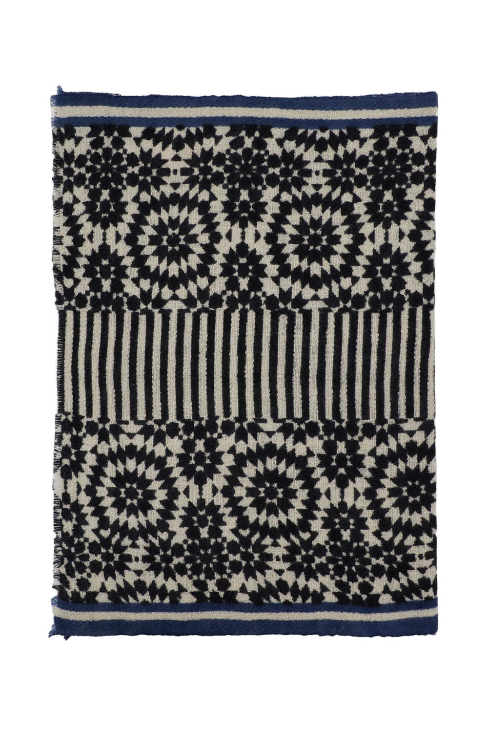 Artisanal Geometric Cashmere Scarf With Striped Border