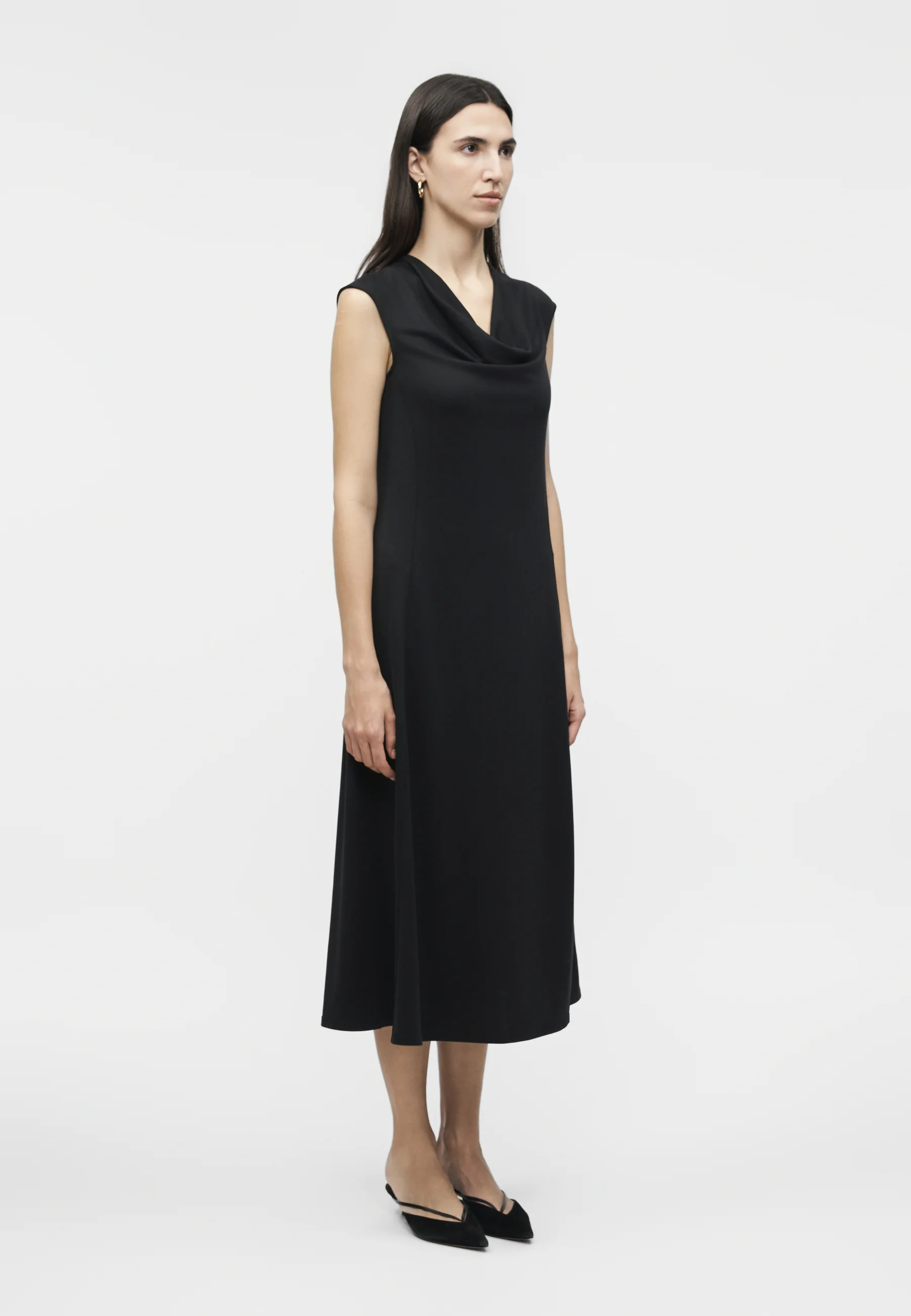 A-Line Midi Dress with Draped Cowl Neckline