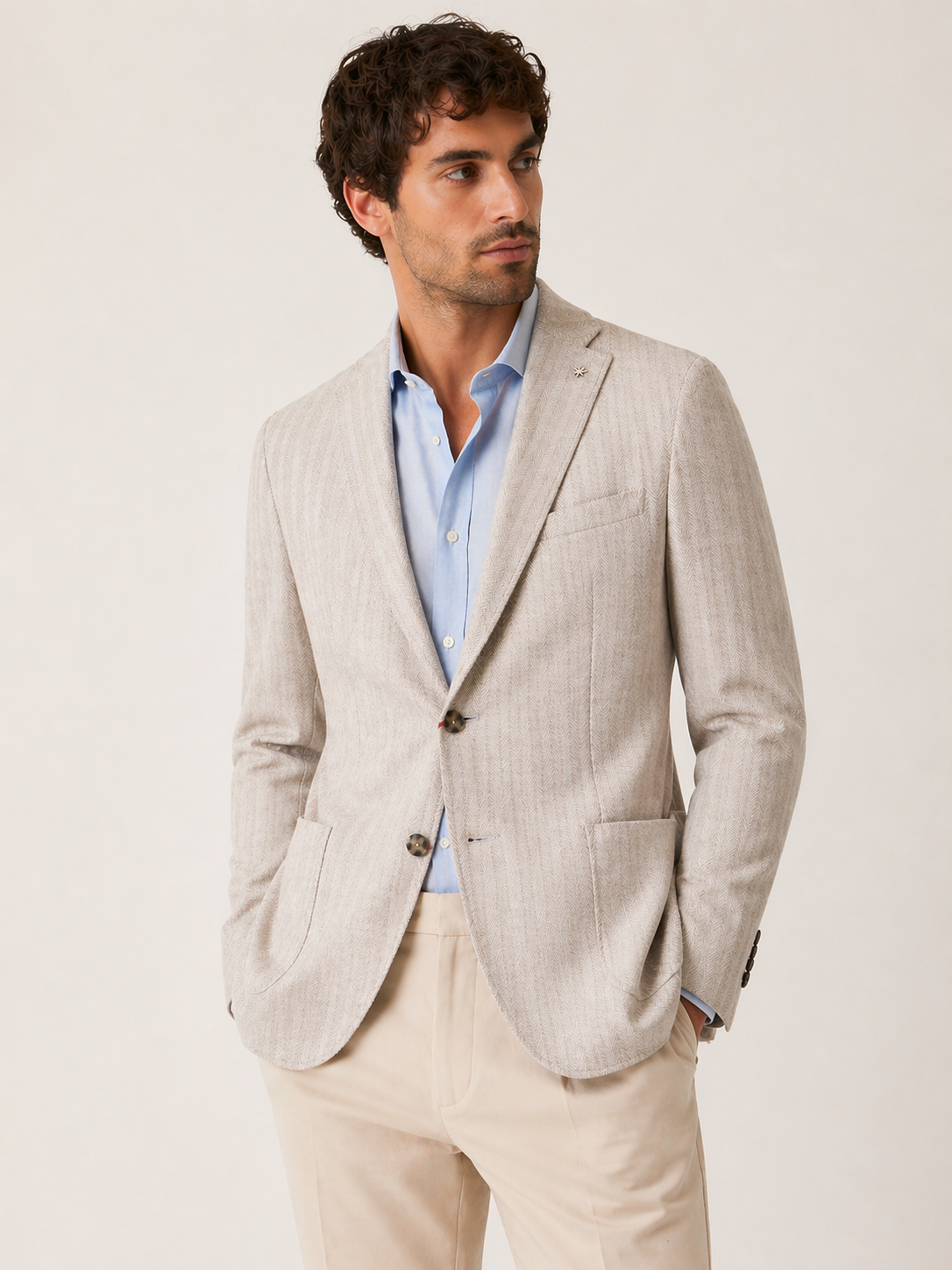 Beige Herringbone Half Lined Linen Blazer