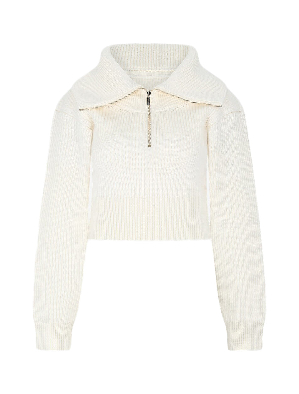 Cropped White Sweater with Wide Folded Collar