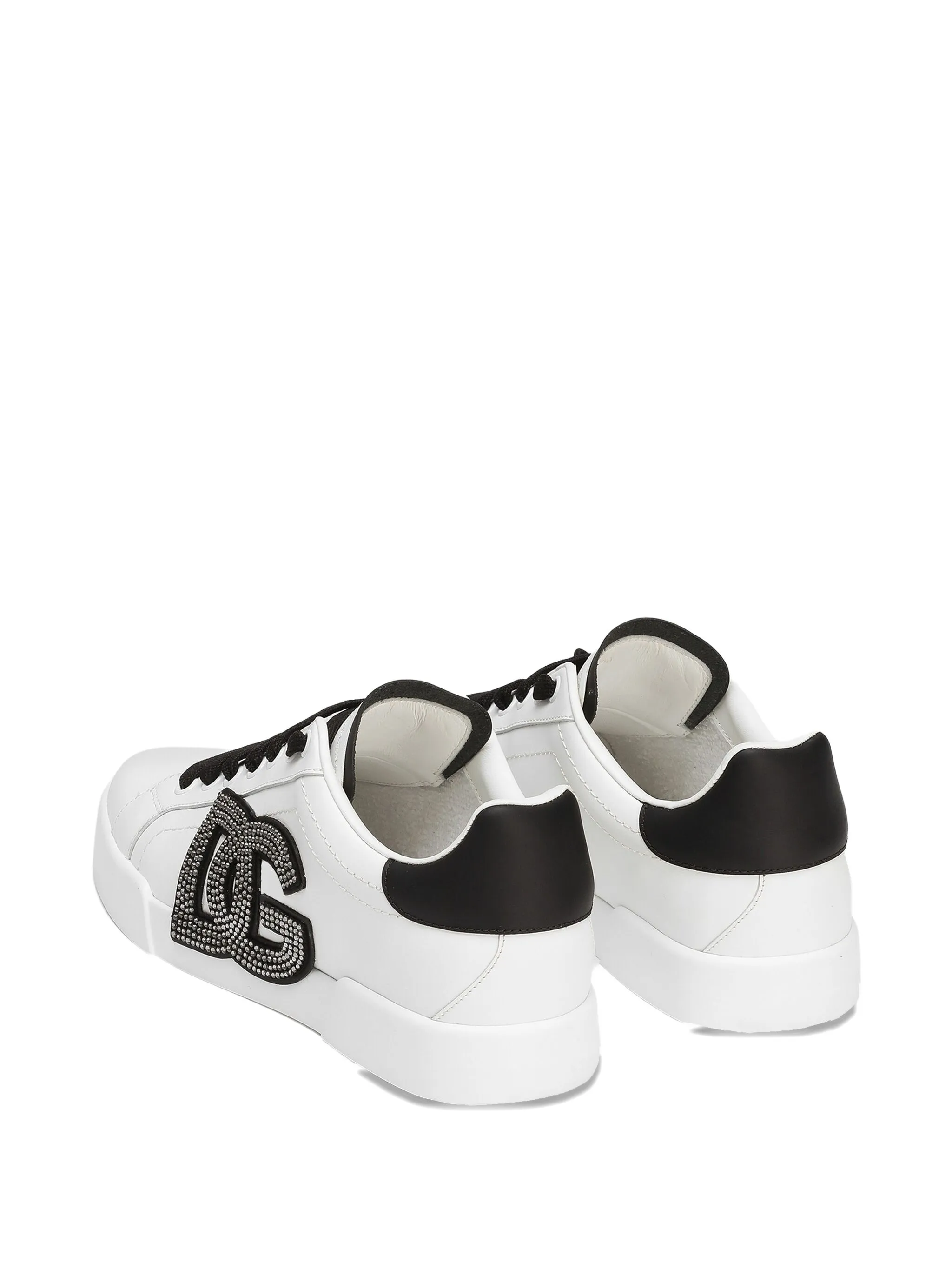 White Low-top Leather Rhinestone Logo Sneakers