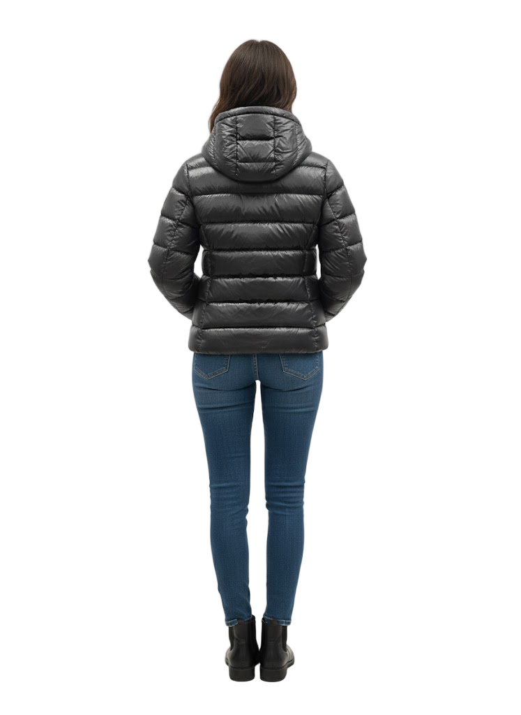 Shiny Padded Hooded Jacket with Horizontal Stripes