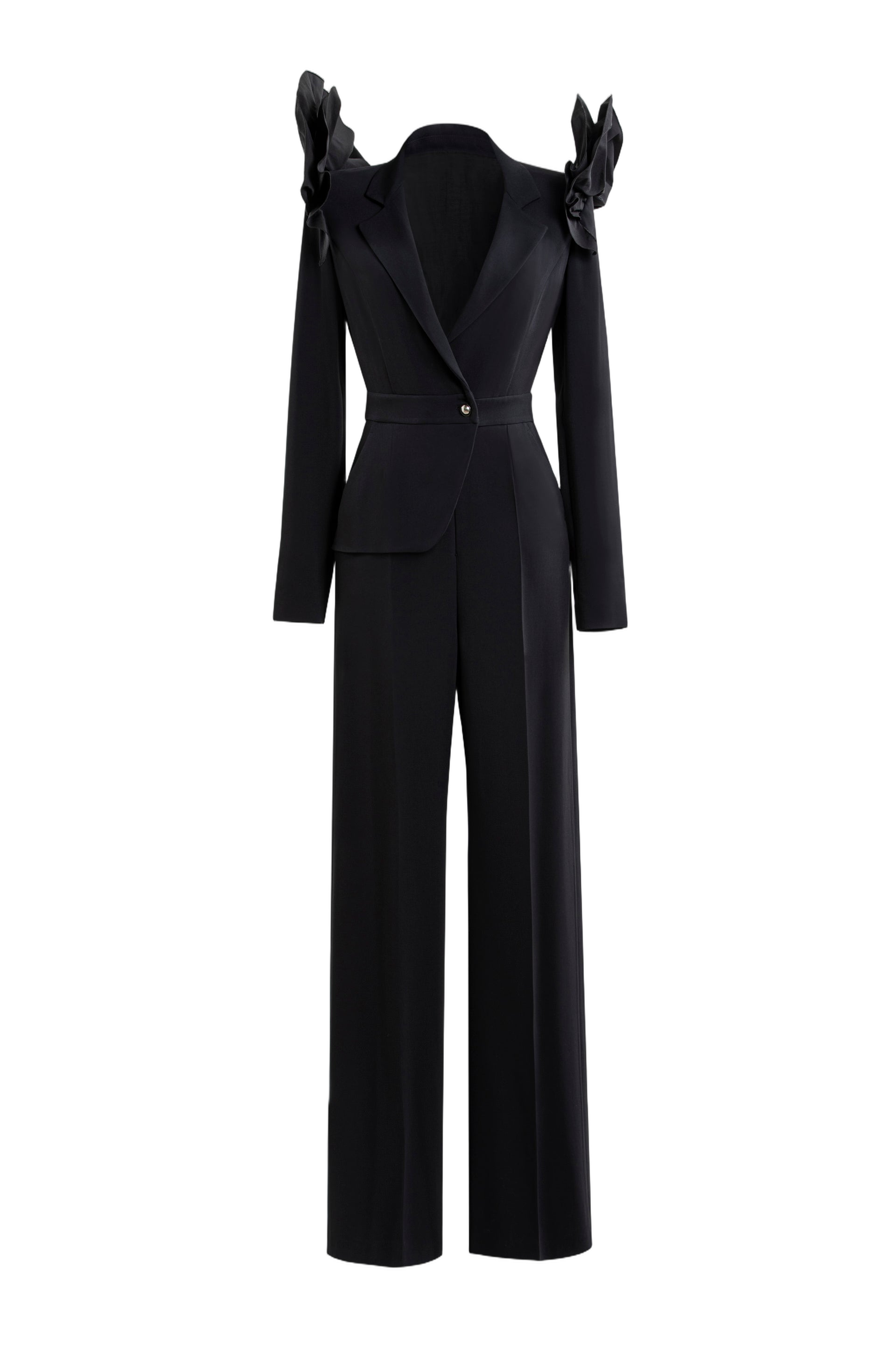 Asymmetrical Jet-Black Crepe Jumpsuit with Tailored Ruffles