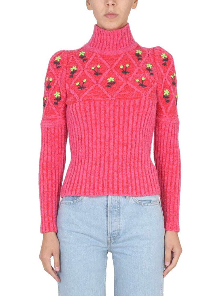Ribbed Knit Jersey With Floral Embroidery