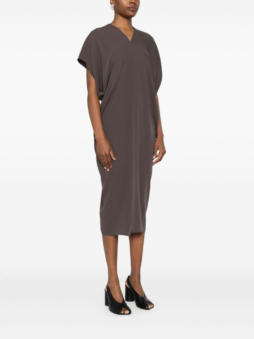 Draped Grey Midi Dress with V-Neckline
