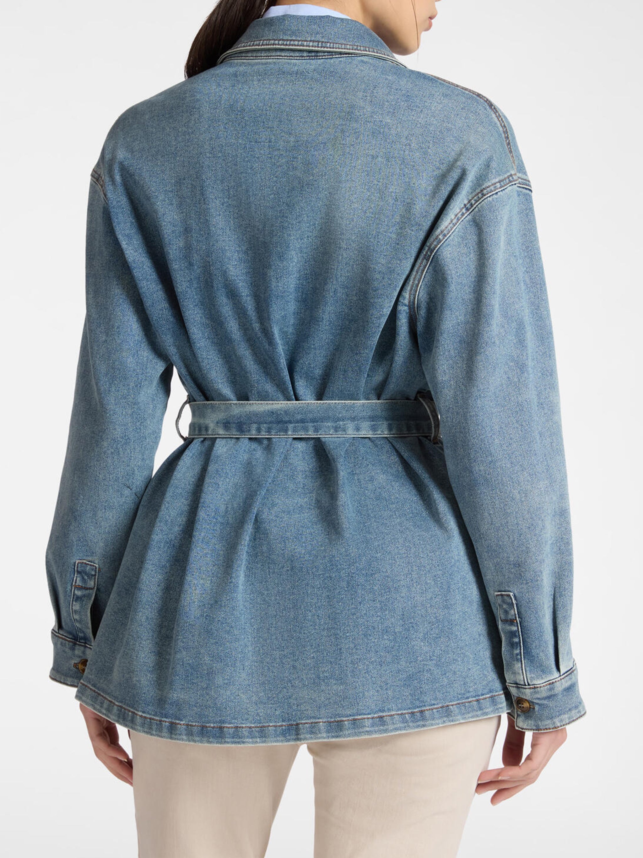 Denim Overshirt Beaded Embellished Belted Jacket