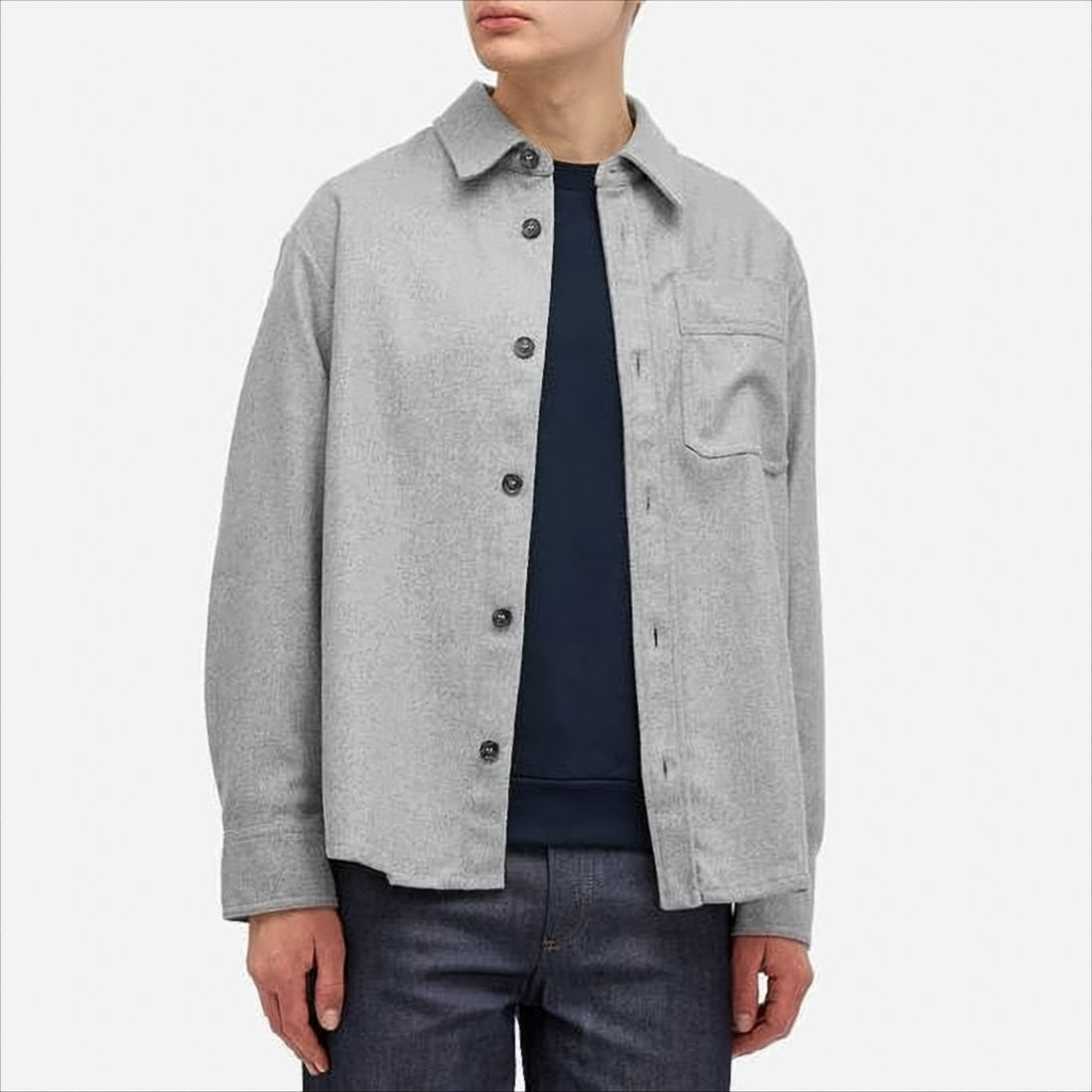 Classic Grey Long-Sleeve Shirt With Button-Down Front And Chest Pocket