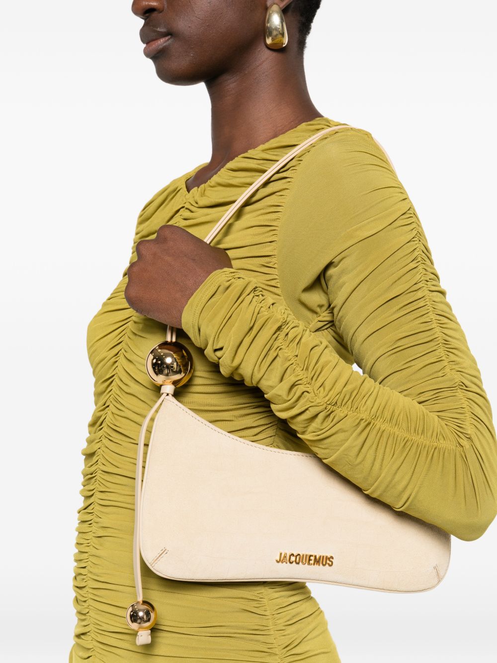 Beige Suede Top Handle Zip Bag
