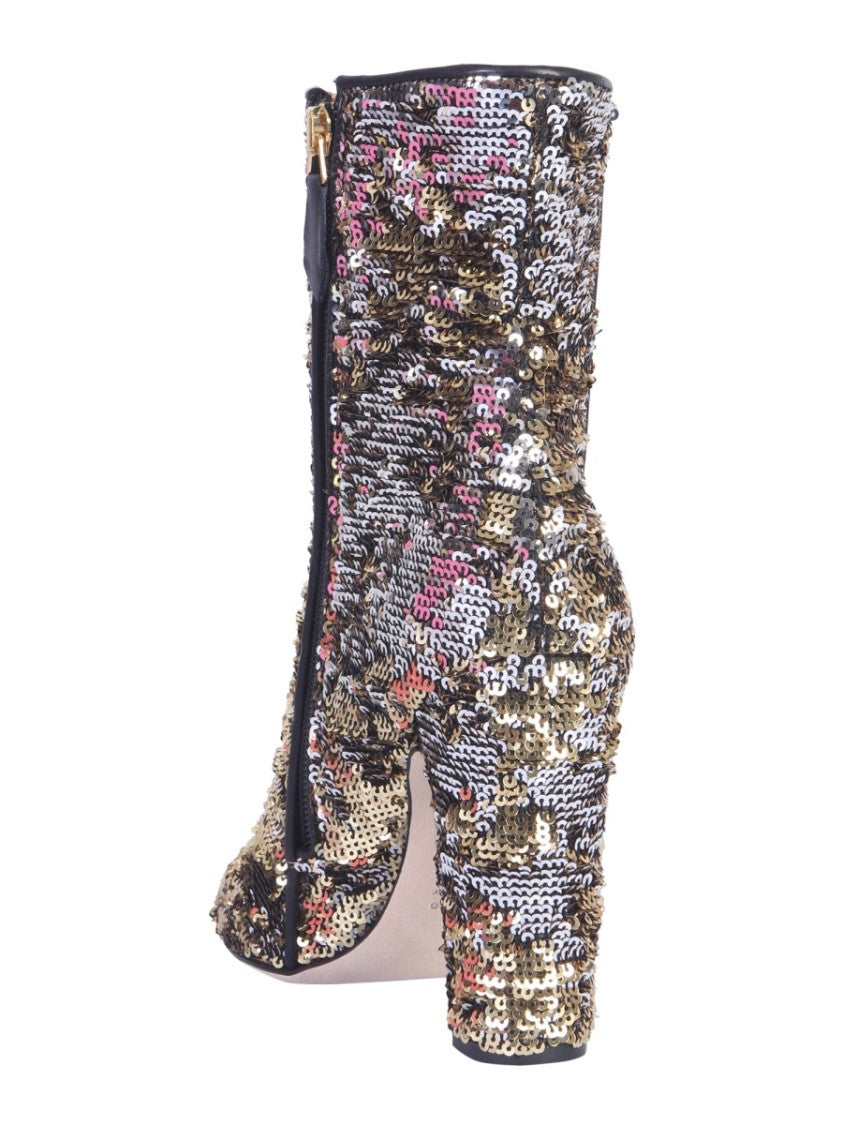 Pointed Toe Sequined Ankle Boots With High Block Heel