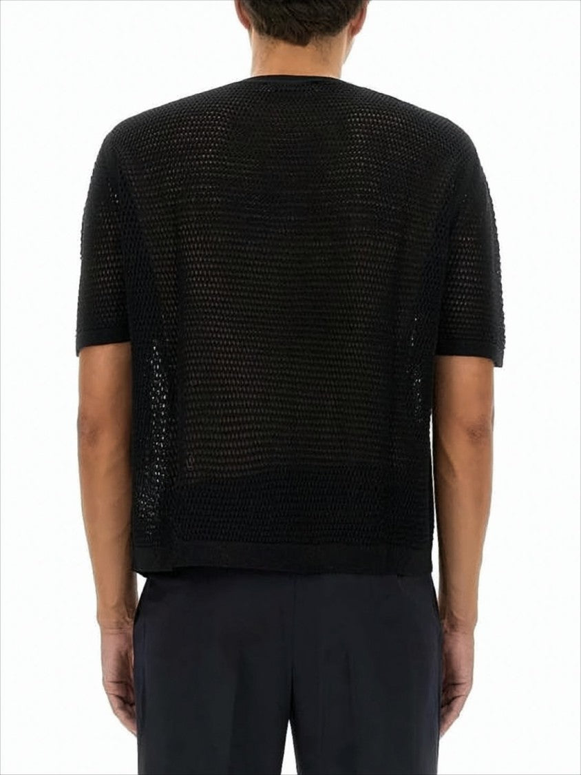 Open-Knit Short Sleeve Sweater with Embroidered Logo