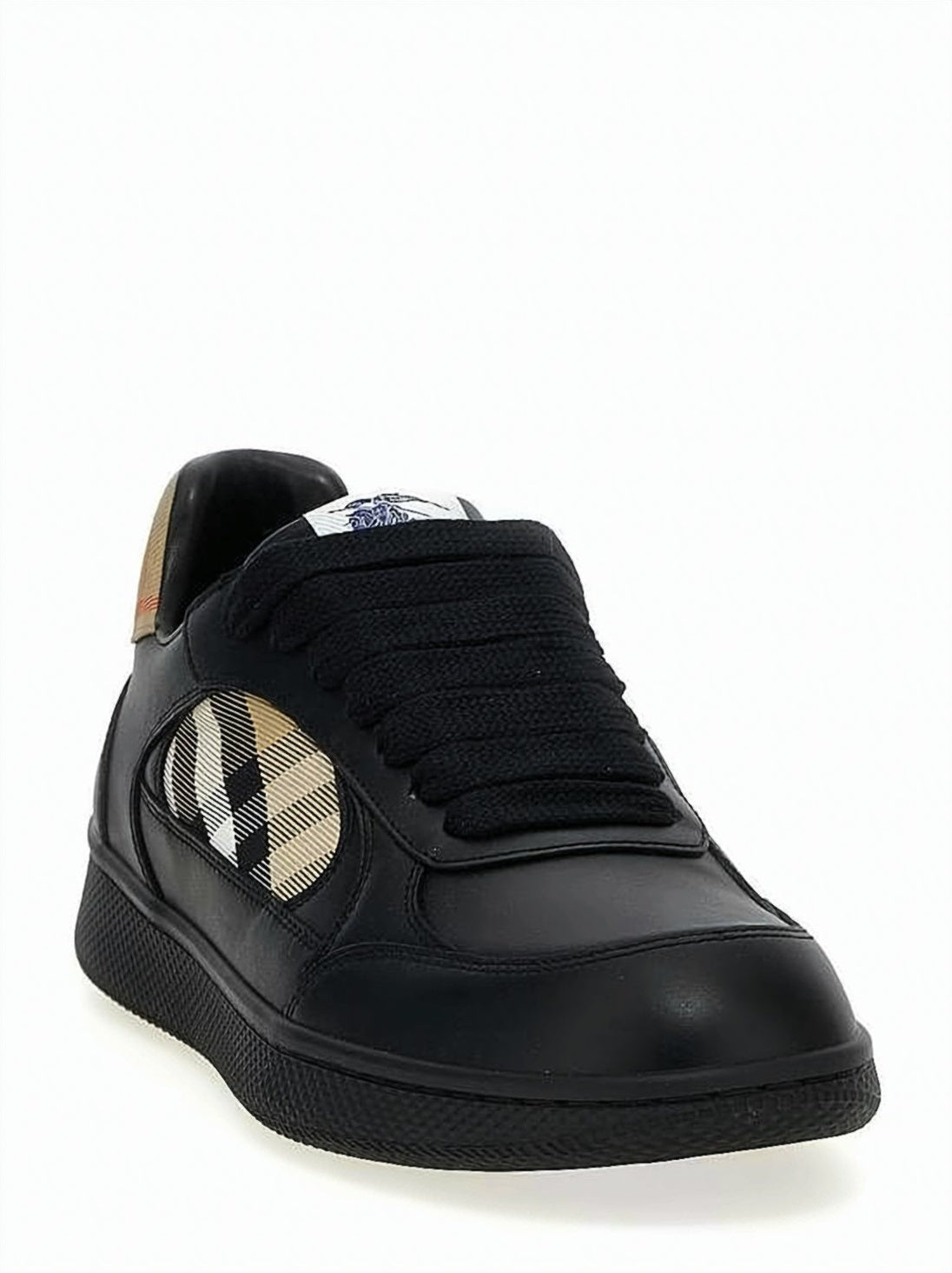 Check Pattern Black Leather Low-Top Sneakers