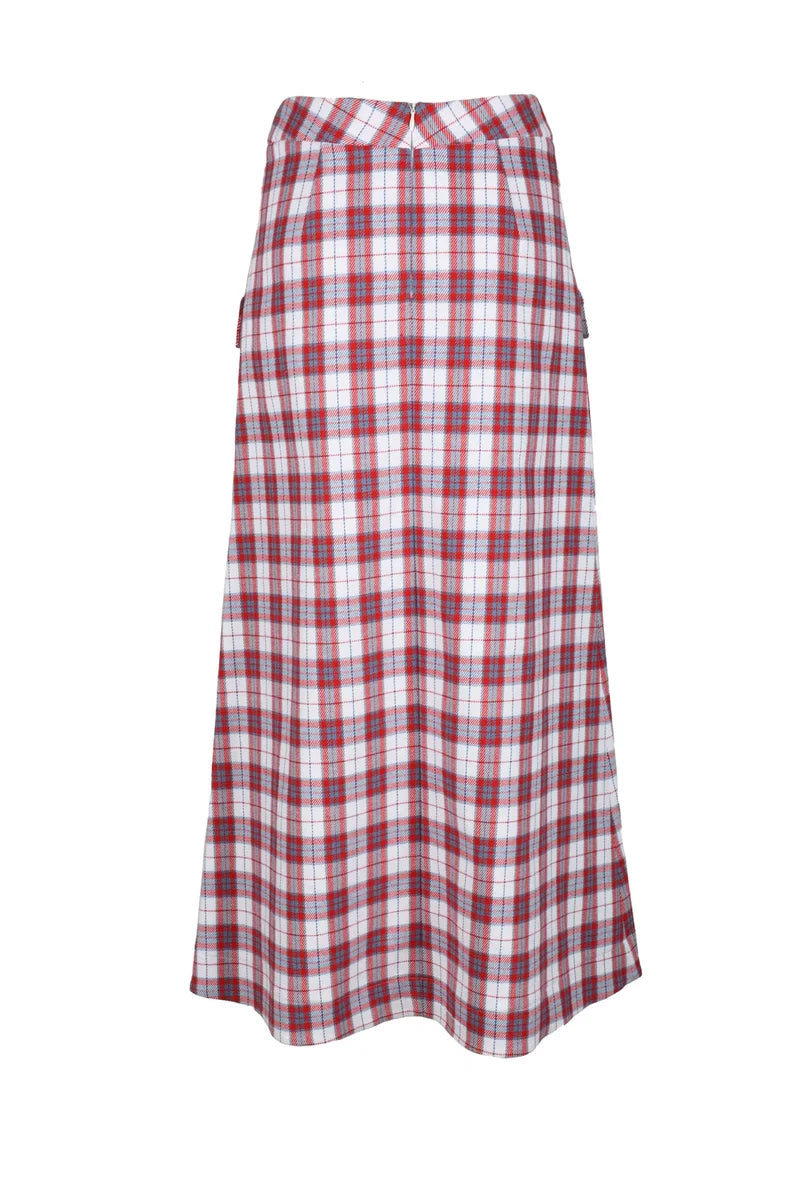 Classic Plaid Midi Skirt with Flap Pockets