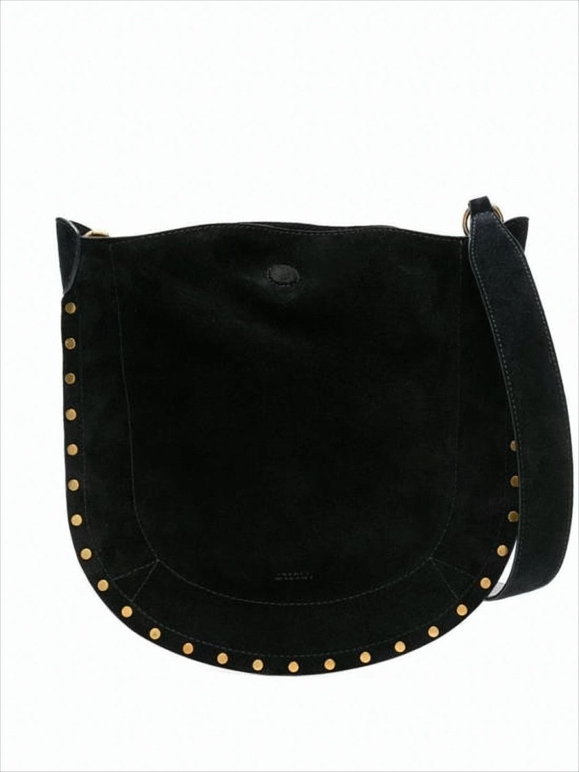 Curved Black Suede Shoulder Bag with Gold-tone Studs
