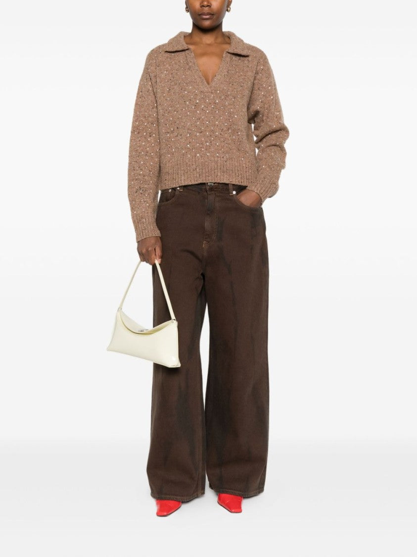 Camel Knit Top with Deep V-Neckline