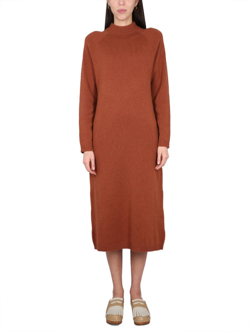 Brown Knit Dress With High Neck