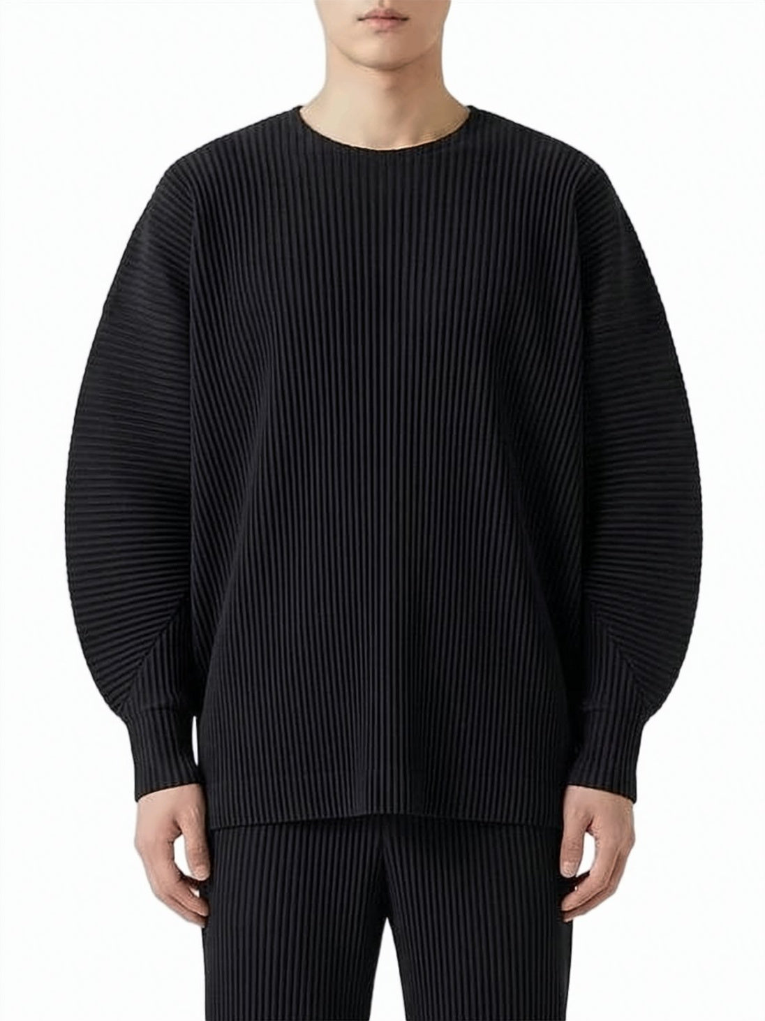 Finely Pleated Long-Sleeve Top with Round Neckline