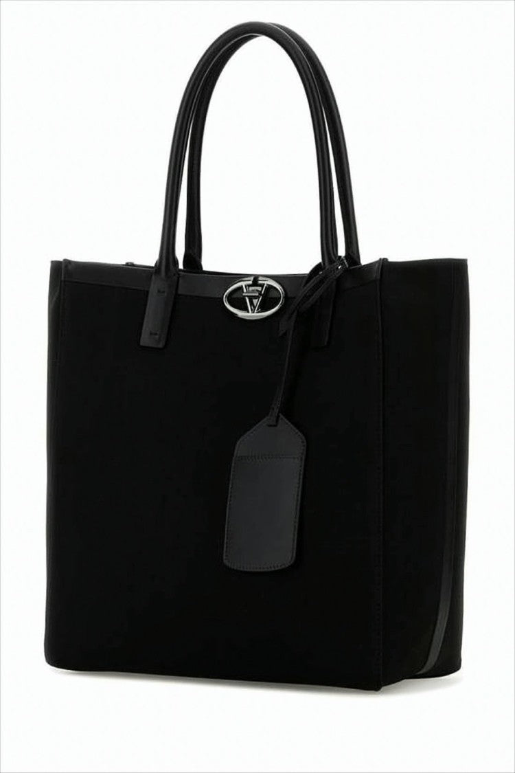 Rectangular Cotton Shoulder Bag with Metallic Logo Emblem